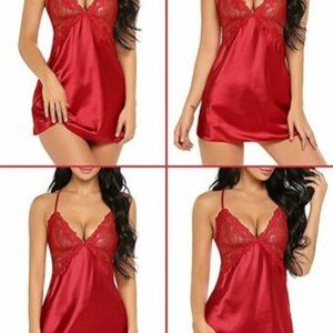 Red Summer Slik Deep V-neck Backless Nightwear Bab
